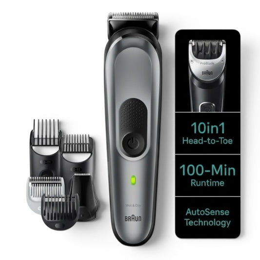 Braun All-in-One Style Kit Series 7 MGK7420 trimmer with multiple attachments, 10-in-1 head-to-toe grooming, 100-min runtime, AutoSense technology.
