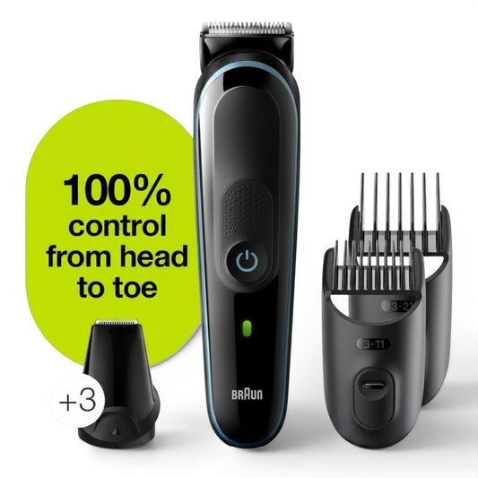 Taghareed Braun All-in-One Trimmer 7-in-1 MGK3245, black with blue accents, includes multiple comb attachments for beard and hair trimming.