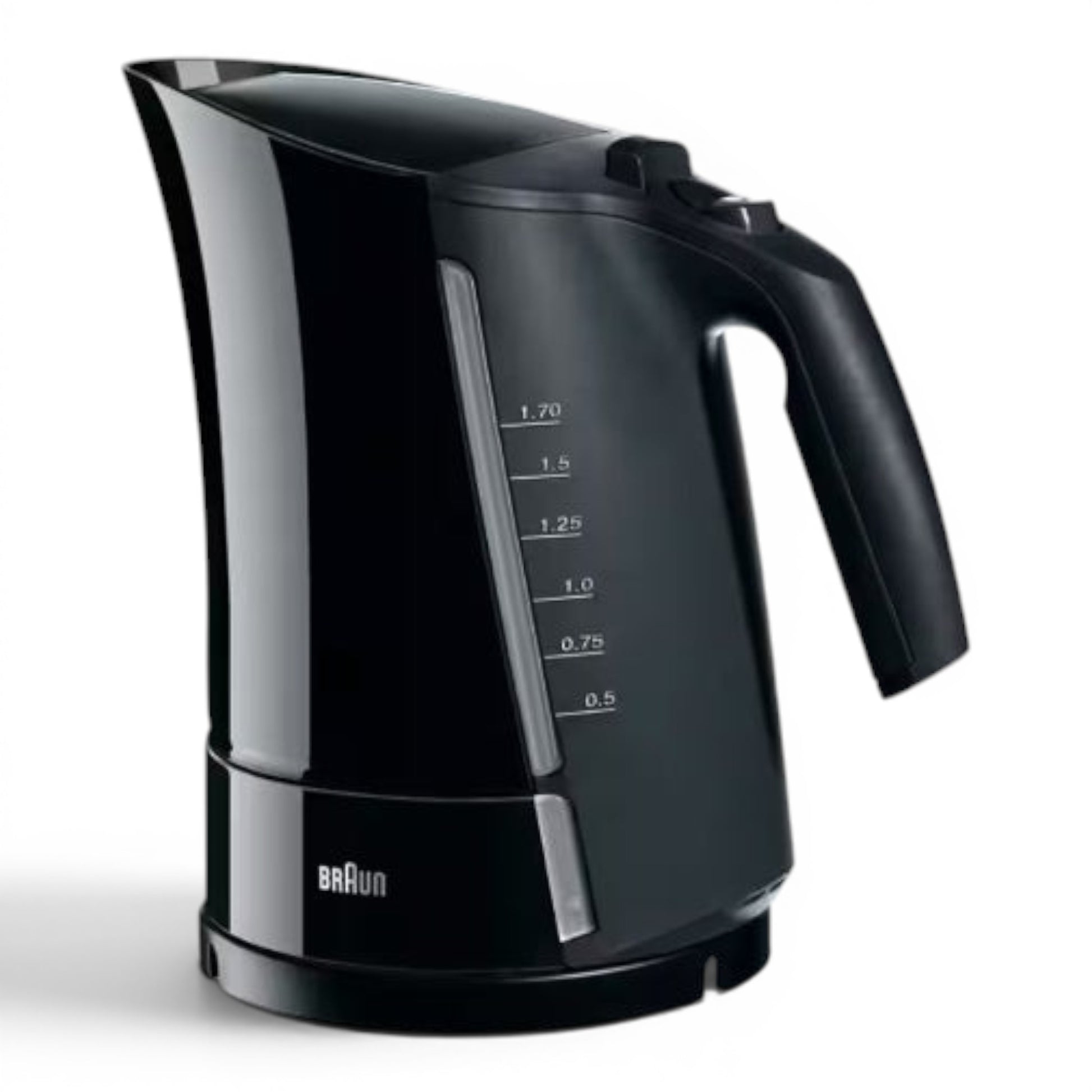 Taghareed Braun black electric kettle with 1.7L capacity, 3000W, and water level indicator.