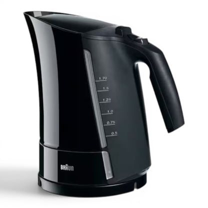 Taghareed Braun black electric kettle with 1.7L capacity, 3000W, and water level indicator.