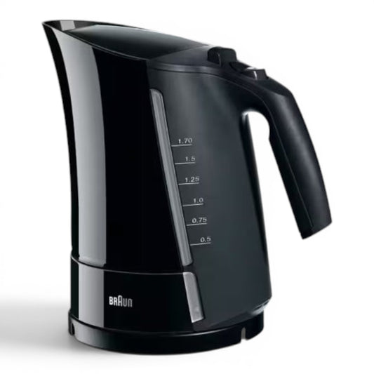Taghareed Braun black electric kettle with 1.7L capacity, 3000W, and water level indicator.