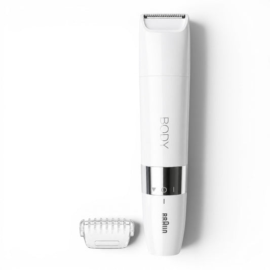 Taghareed Braun Body Mini Trimmer BS1000, a white, portable, waterproof electric trimmer with a precision head and included comb attachment.