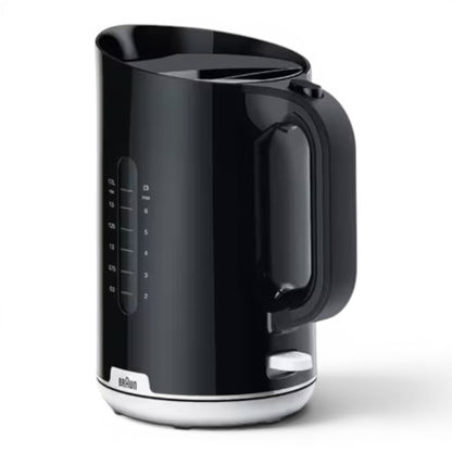 Taghareed Braun Breakfast1 black 1.7L electric kettle with 2200W power and water level indicator.