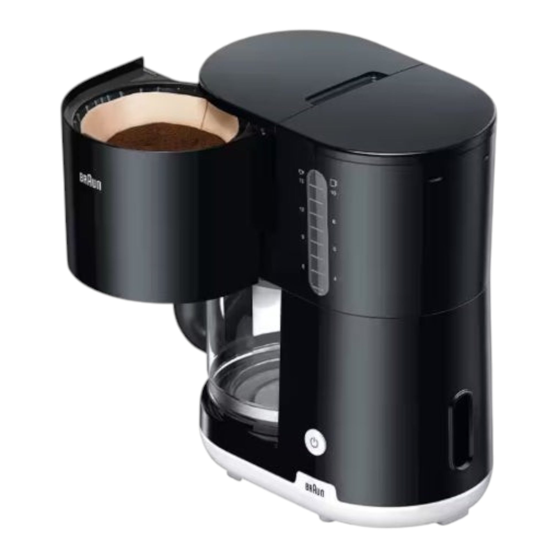 Taghareed Braun Breakfast1 black coffee maker with OptiBrew system, 10-cup capacity, glass carafe, and pivoting filter basket.