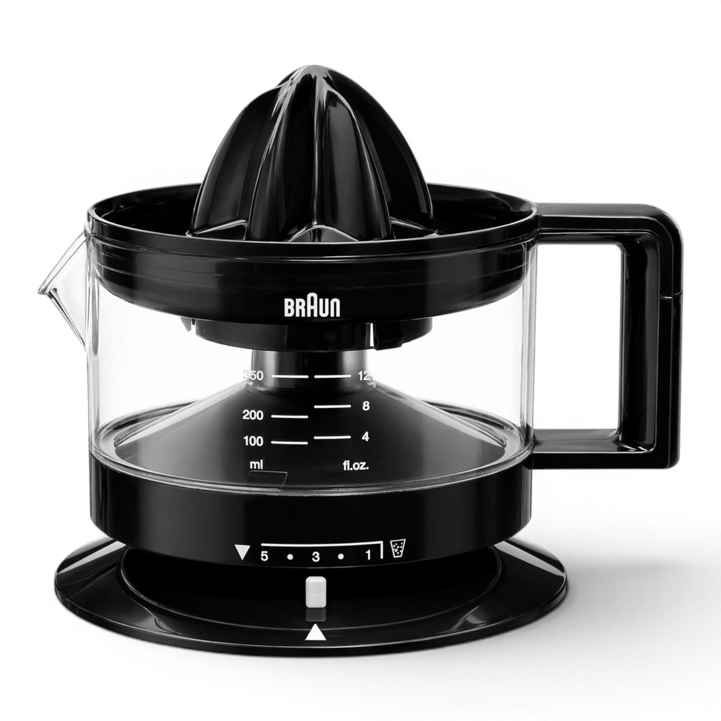 Taghareed Braun CitrusQuick 1 black electric citrus juicer with 400ml capacity and pulp control.