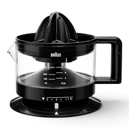 Taghareed Braun CitrusQuick 1 black electric citrus juicer with 400ml capacity and pulp control.
