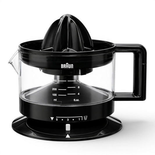 Taghareed Braun CitrusQuick 1 black electric citrus juicer with 400ml capacity and pulp control.
