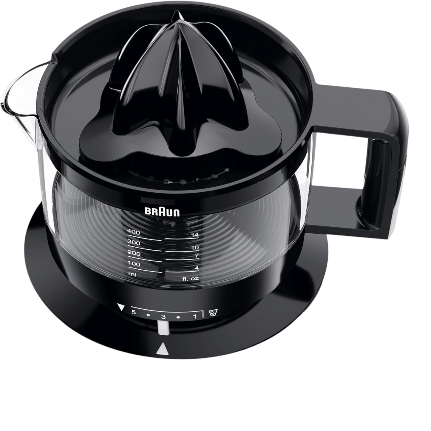 Taghareed Braun CitrusQuick 1 electric citrus juicer, black, with a 400ml capacity and pulp control settings.