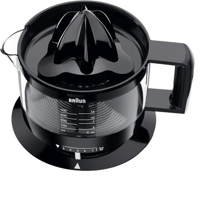 Taghareed Braun CitrusQuick 1 electric citrus juicer, black, with a 400ml capacity and pulp control settings.