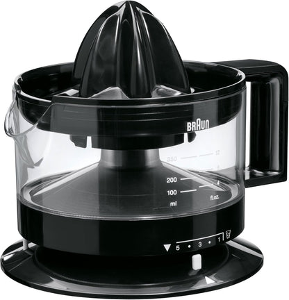 Taghareed Braun CitrusQuick 1 black electric citrus juicer with 400ml capacity and pulp control.