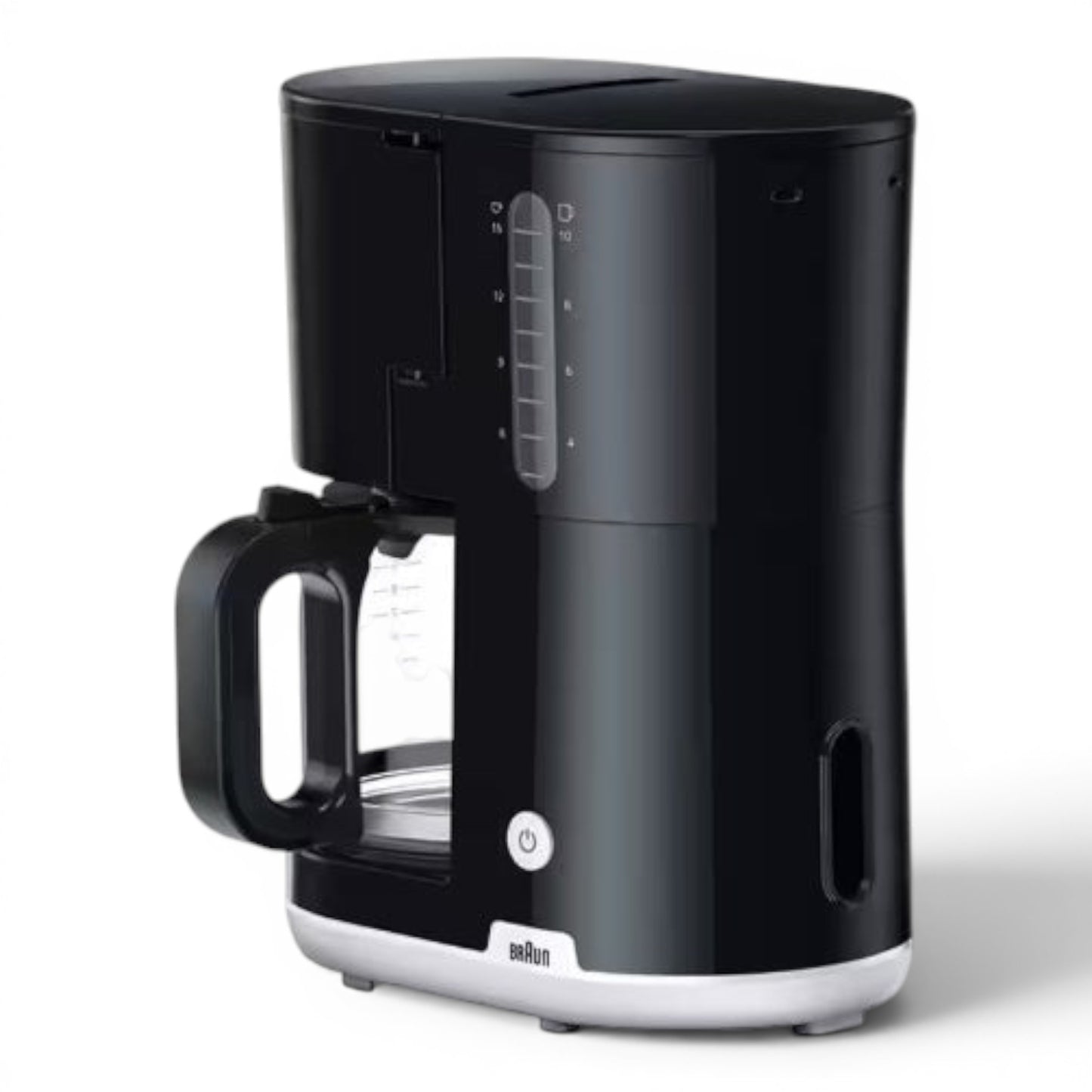 Taghareed Braun Breakfast1 black 10-cup coffee maker with AromaCarafe glass jug and OptiBrew system.