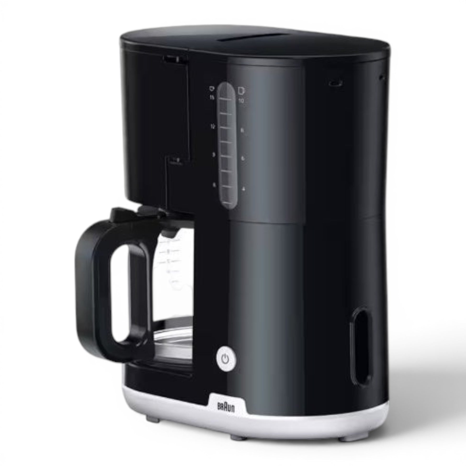 Taghareed Braun Breakfast1 black 10-cup coffee maker with AromaCarafe glass jug and OptiBrew system.