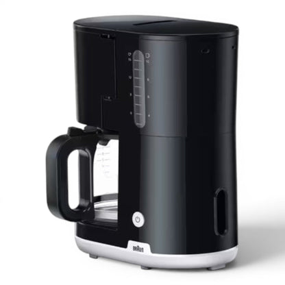 Taghareed Braun Breakfast1 black 10-cup coffee maker with AromaCarafe glass jug and OptiBrew system.