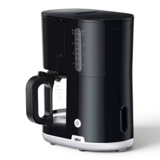 Taghareed Braun Breakfast1 black 10-cup coffee maker with AromaCarafe glass jug and OptiBrew system.