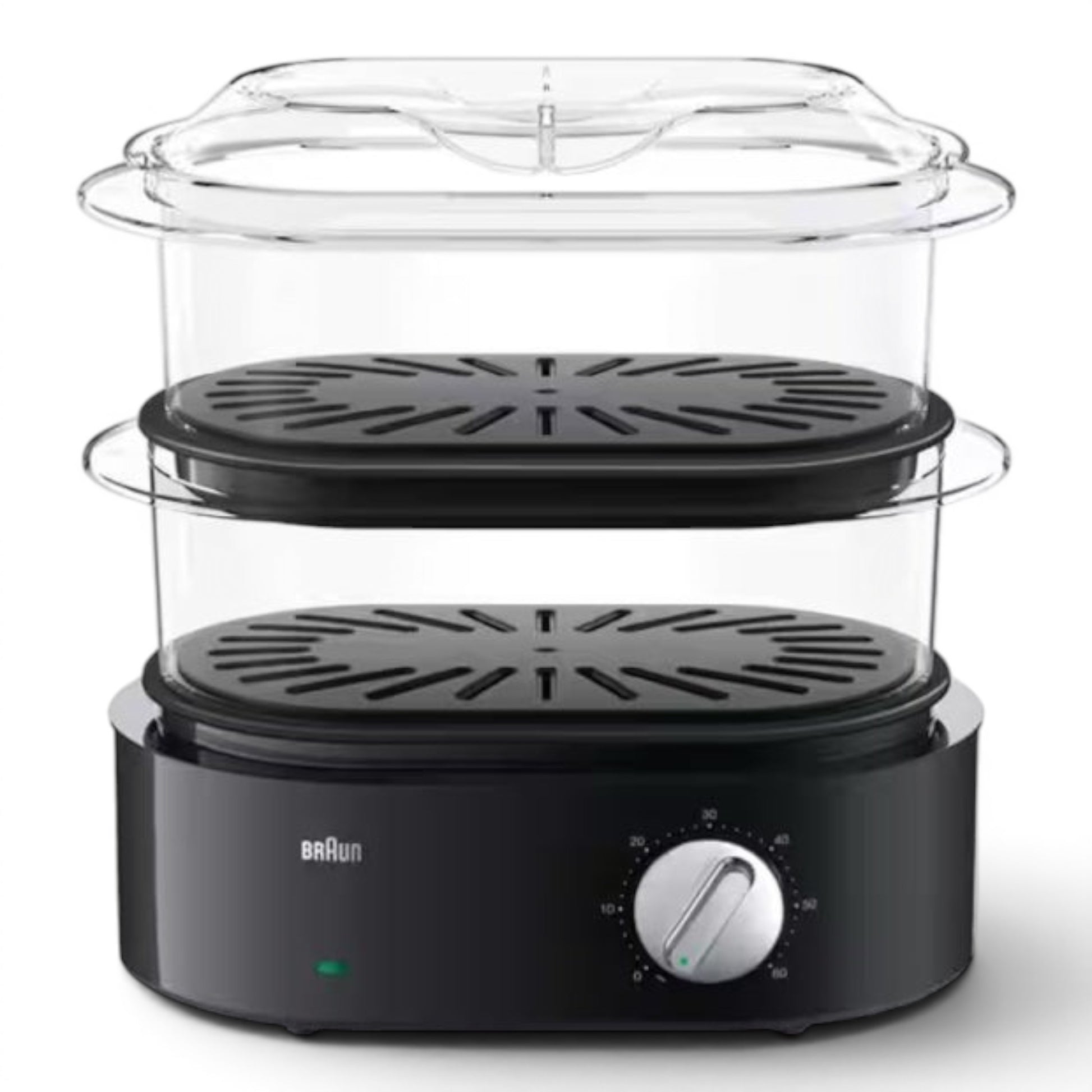 Taghareed Braun IdentityCollection 2-tier food steamer, black base, BPA-free plastic bowls, 3.1L capacity, 850W.