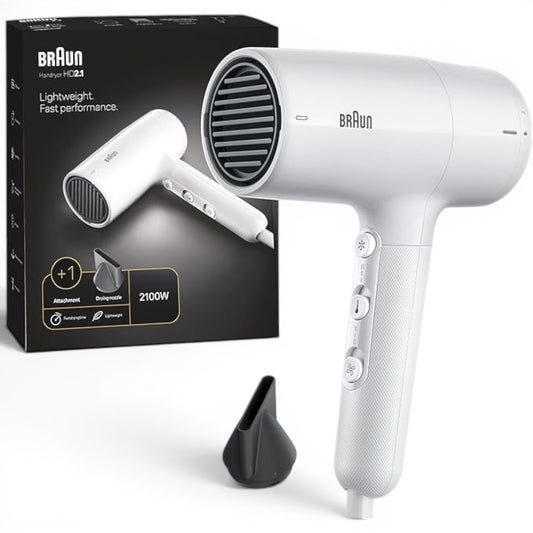 Taghareed Braun white 2100W hairdryer with ionic technology and concentrator nozzle for fast drying and reduced frizz.