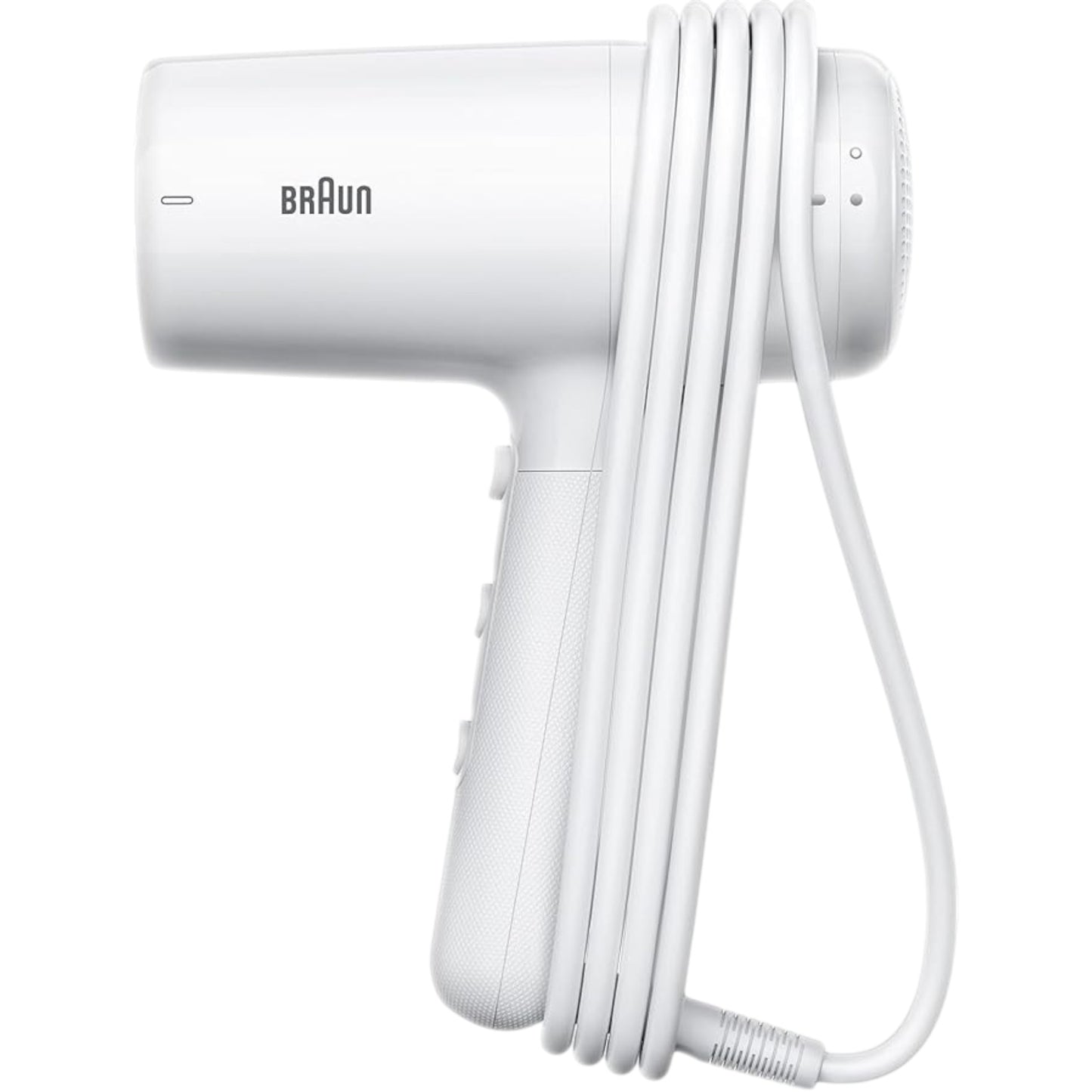 Taghareed Braun white 2100W hair dryer with ionic technology and concentrator nozzle for frizz-free styling.