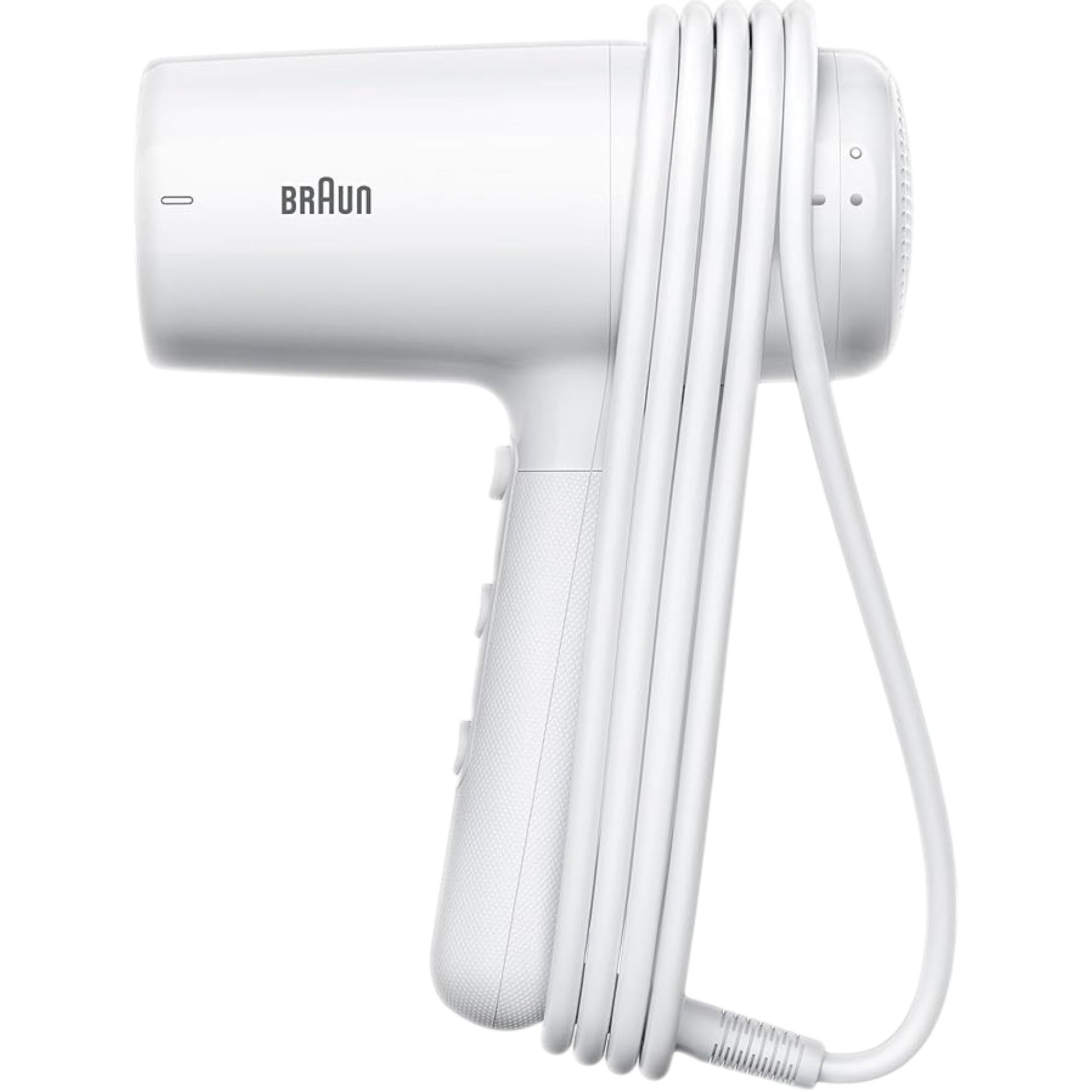 Taghareed Braun white 2100W hair dryer with ionic technology and concentrator nozzle for frizz-free styling.