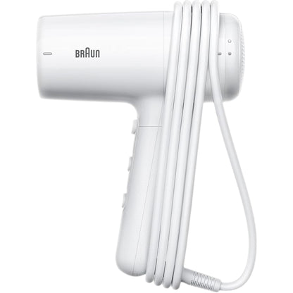 Taghareed Braun white 2100W hair dryer with ionic technology and concentrator nozzle for frizz-free styling.