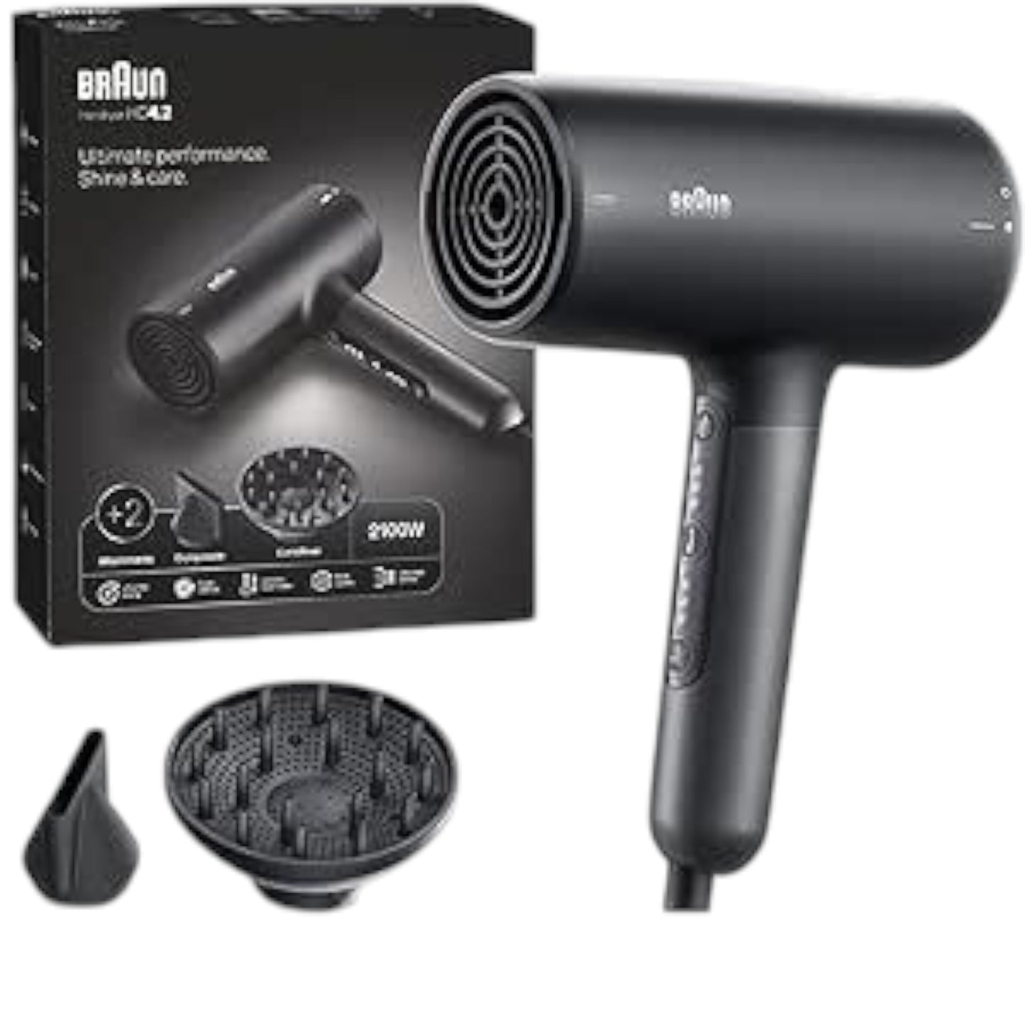 Taghareed Braun Hair Dryer HD4.2 BRHD425SDE, 2100W, Super IONTEC, 3 heat/speed settings, cool shot, diffuser & concentrator attachments.