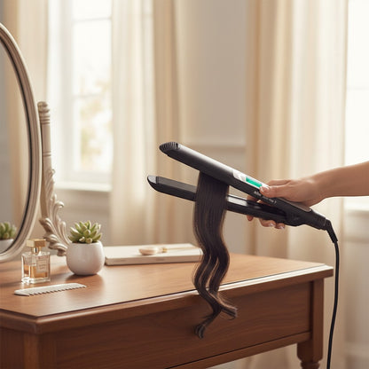 Taghareed Braun Satin Hair 7 IONTEC hair straightener with black ceramic plates, styling dark hair with a wavy effect.