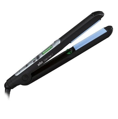 Taghareed Braun Satin Hair 7 IONTEC hair straightener with black casing and blue ceramic plates, featuring a digital display.