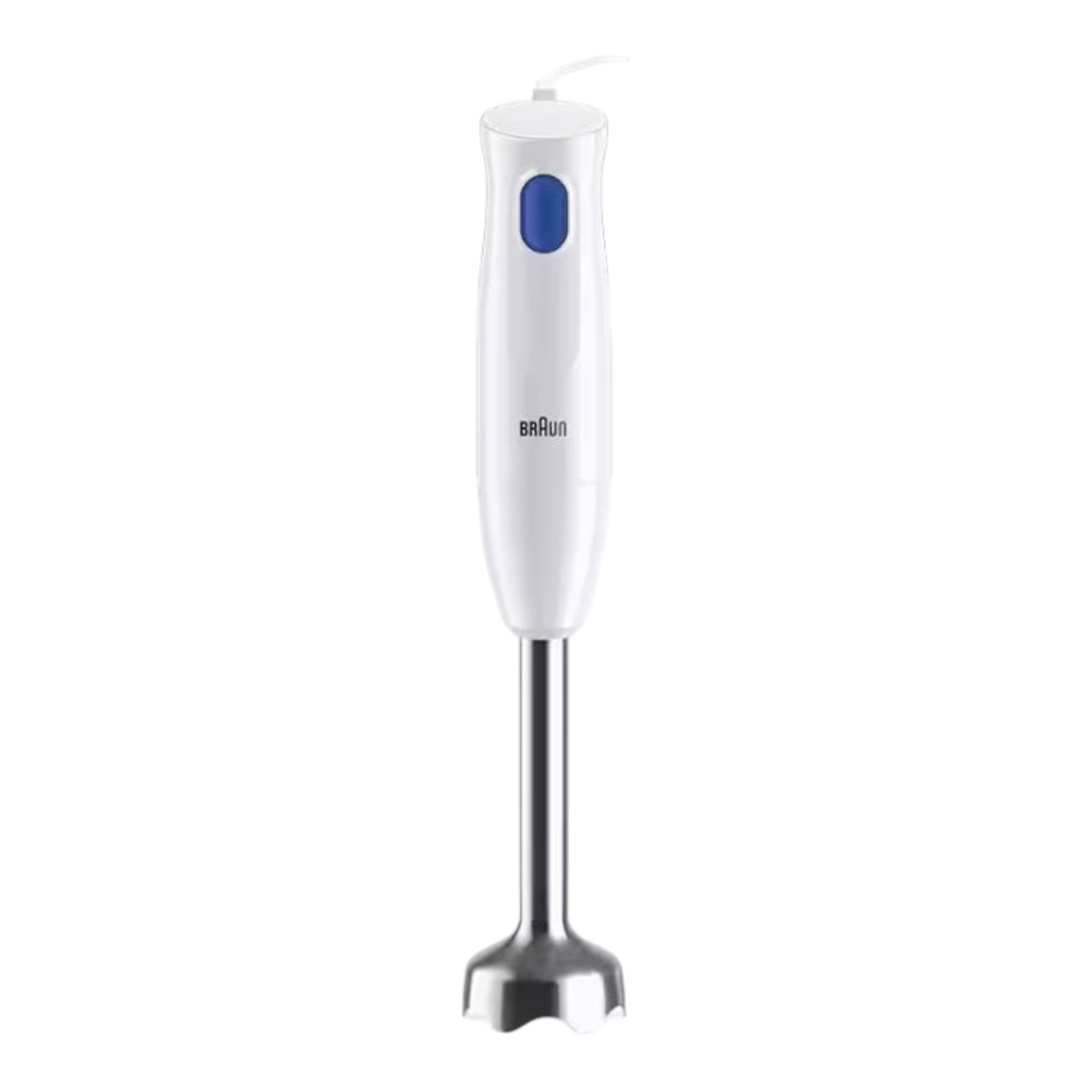 Taghareed Braun MultiQuick 1 hand blender in white with a blue button and stainless steel blending foot. 450W.
