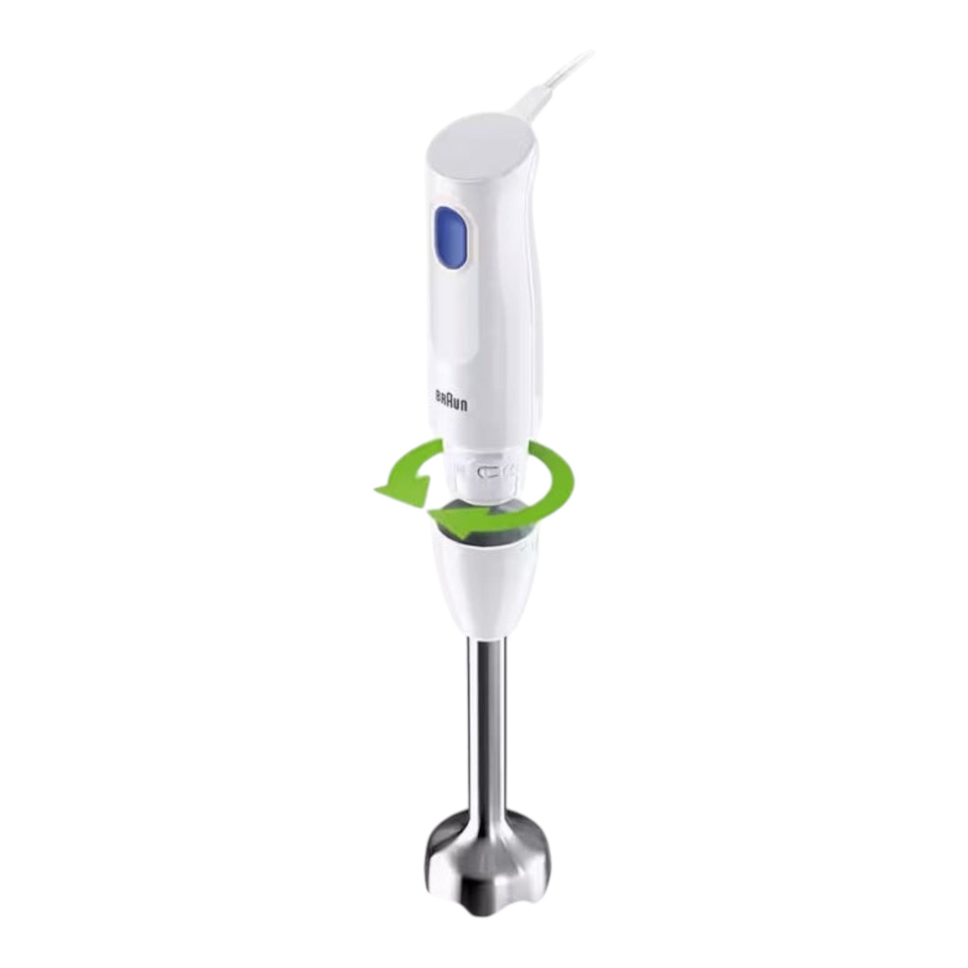 Taghareed Braun MultiQuick 1 hand blender in white with a blue button and stainless steel shaft. Features EasyTwist system.