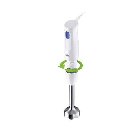 Taghareed Braun MultiQuick 1 hand blender in white with stainless steel blending foot and blue button. Features EasyClick system.