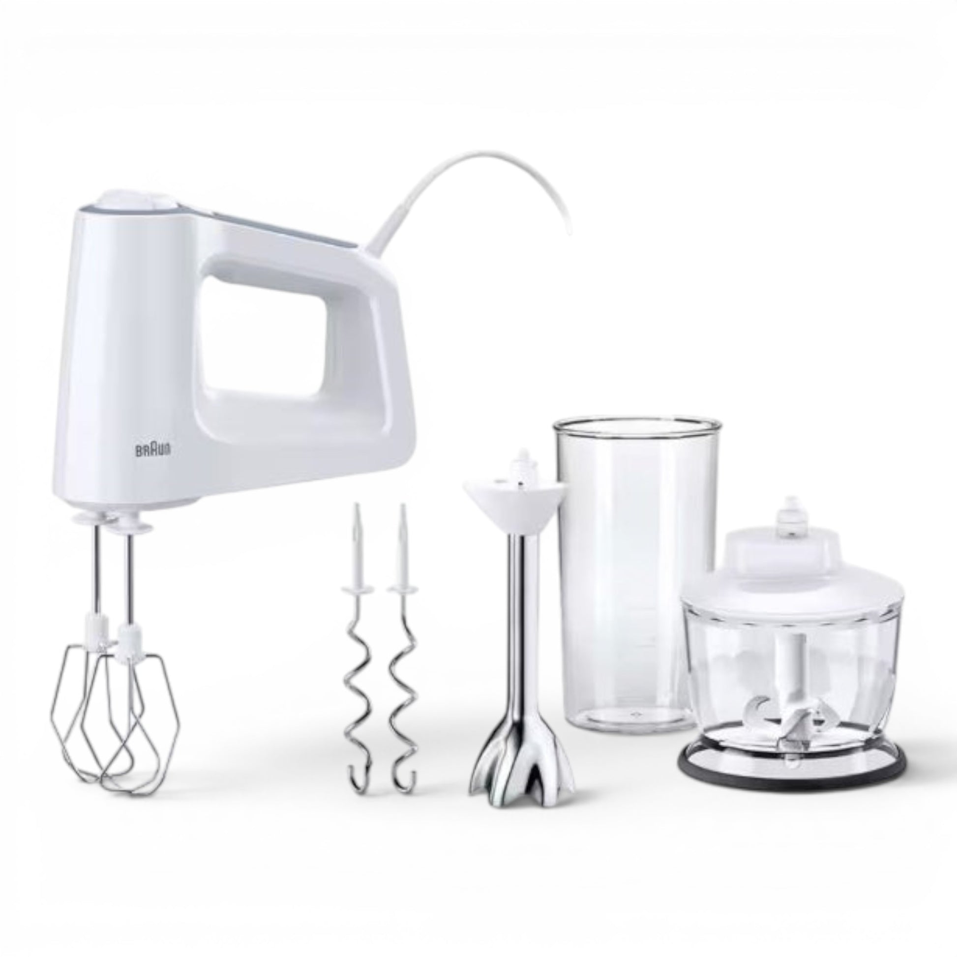 Taghareed Braun MultiMix 3 Hand Mixer HM3137WH, white, with whisk and dough hook attachments, beaker, and chopper accessory.
