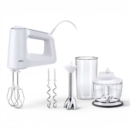Taghareed Braun MultiMix 3 Hand Mixer HM3137WH, white, with whisk and dough hook attachments, beaker, and chopper accessory.