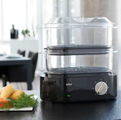 Braun IdentityCollection 2-tier food steamer, black, 3.1L capacity, BPA-free, with timer for healthy cooking.