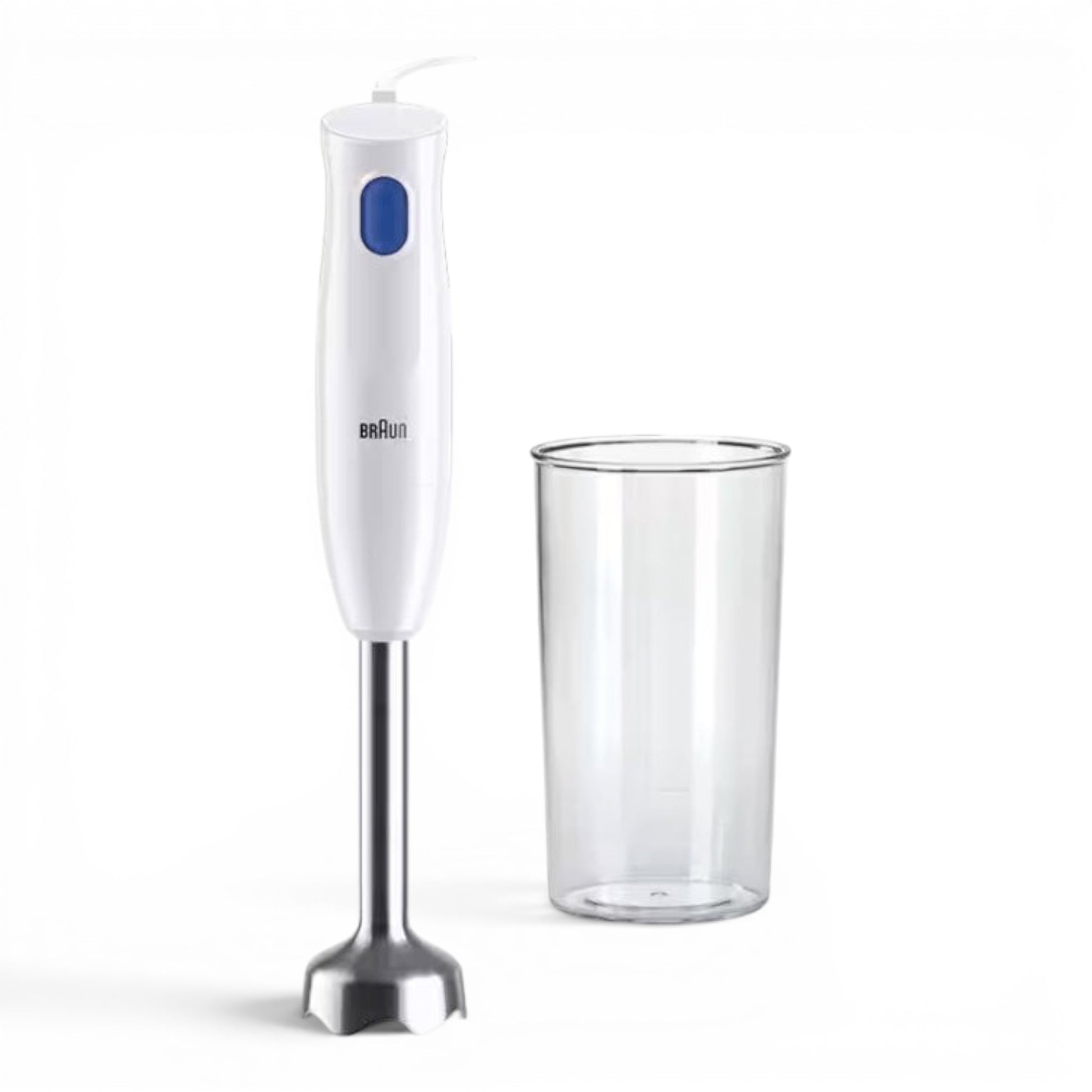 Taghareed white Braun MultiQuick 1 hand blender with blue button and stainless steel shaft, next to a clear plastic beaker.