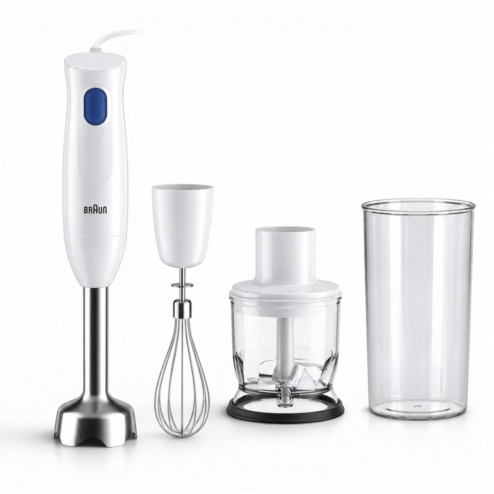 Taghareed Braun MultiQuick 1 hand blender in white with whisk, chopper, and beaker attachments. Features a blue button and stainless steel blending foot.