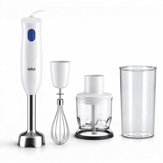 Taghareed Braun MultiQuick 1 hand blender in white with whisk, chopper, and beaker attachments. Features a blue button and stainless steel blending foot.