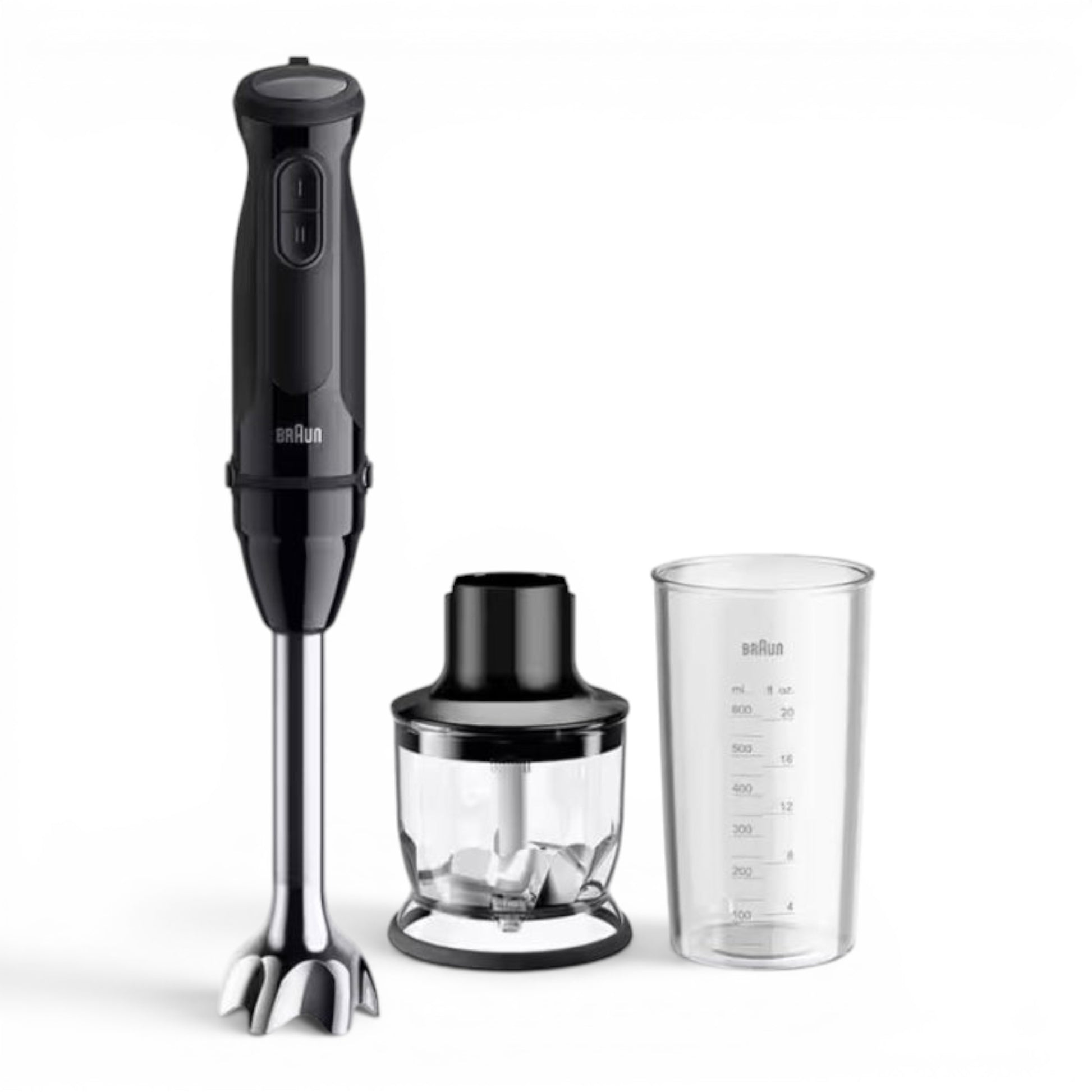 Taghareed Braun MultiQuick 3 hand blender in black with stainless steel shaft, chopper attachment, and measuring cup.