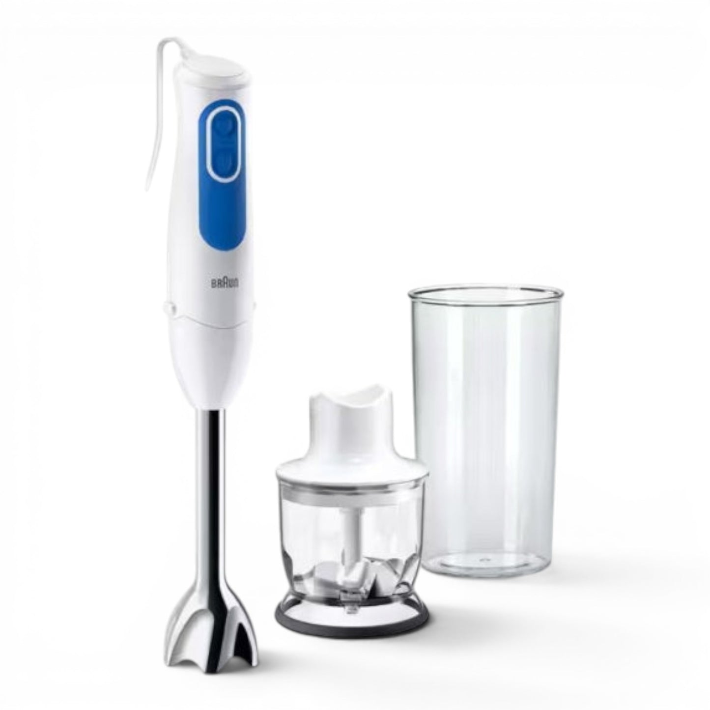 Taghareed Braun MultiQuick 3 hand blender, white with blue accents, includes chopper and beaker. 700W motor.