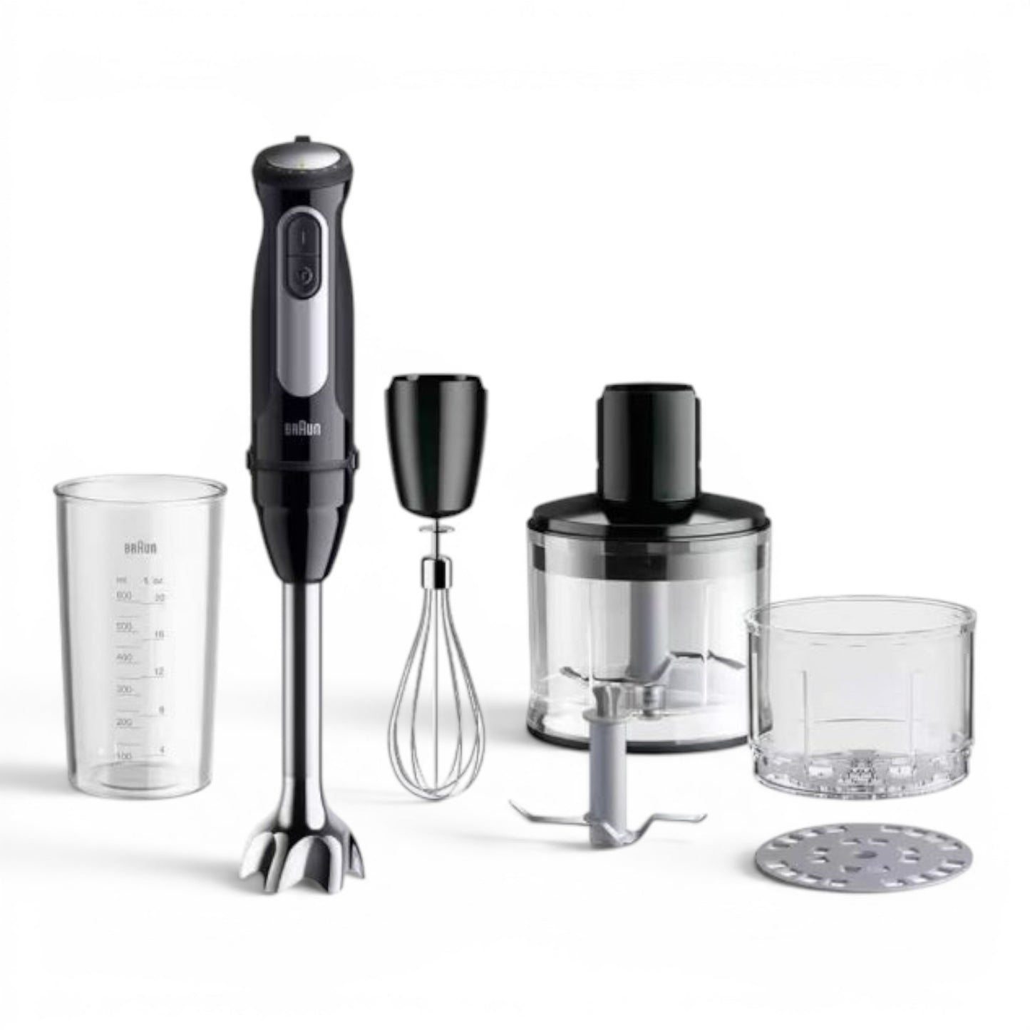 Taghareed Braun MultiQuick 5 Pro hand blender set with whisk, chopper, and measuring cup. Black and silver.