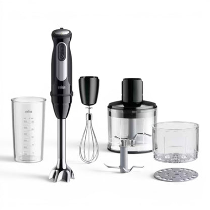 Taghareed Braun MultiQuick 5 Pro hand blender set with whisk, chopper, and measuring cup. Black and silver.