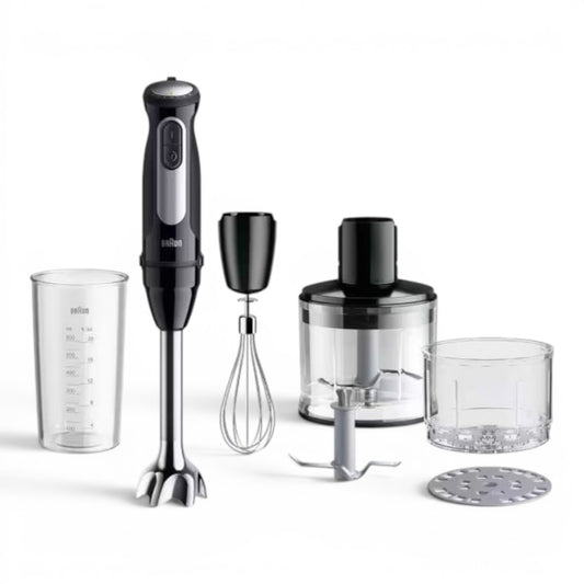 Taghareed Braun MultiQuick 5 Pro hand blender set with whisk, chopper, and measuring cup. Black and silver.