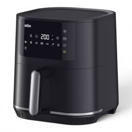 Taghareed Braun MultiFry 5 Air Fryer HF5030IBK, black, 6L capacity, 1700W, 8 auto programs, LED touch screen.