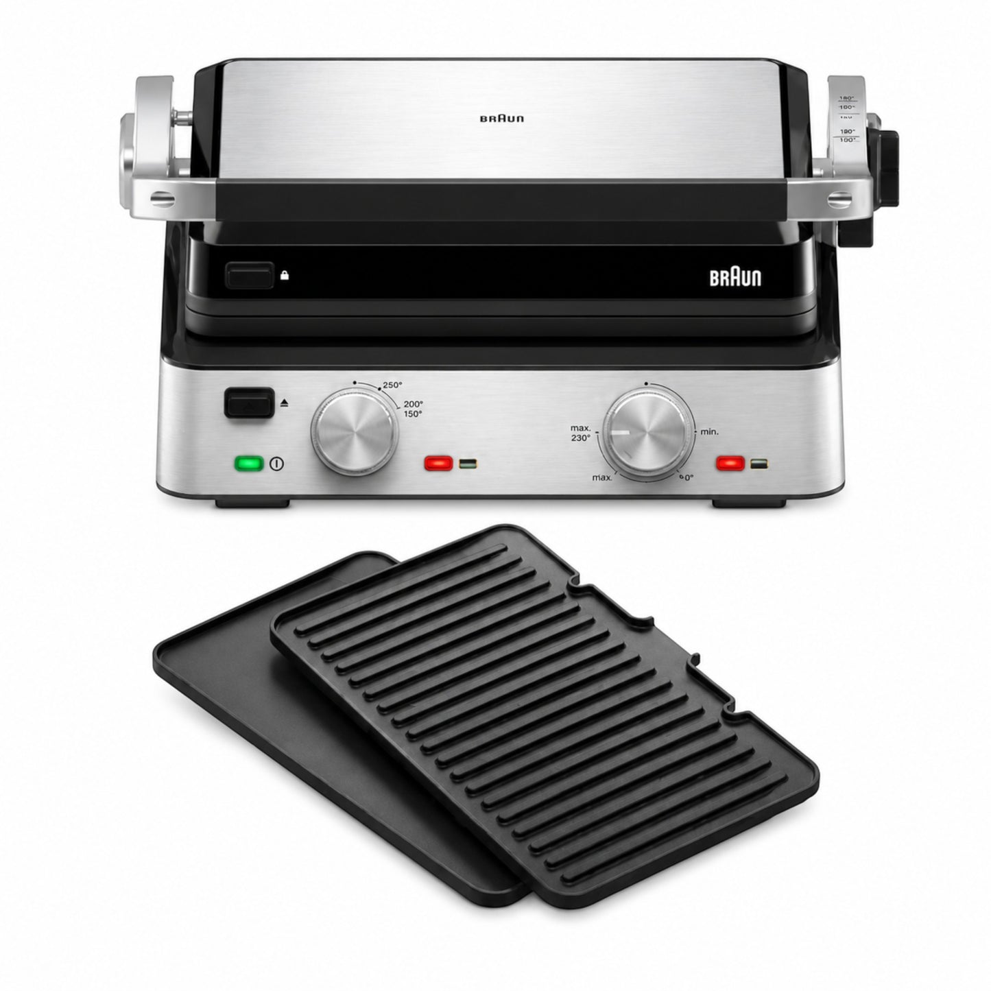 Taghareed Braun MultiGrill 7 CG7020 contact grill with 3-in-1 functionality, 2000W, removable non-stick plates, and adjustable temperature.