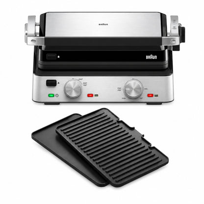 Taghareed Braun MultiGrill 7 CG7020 contact grill with 3-in-1 functionality, 2000W, removable non-stick plates, and adjustable temperature.