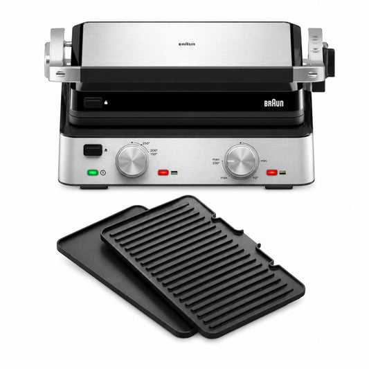 Taghareed Braun MultiGrill 7 CG7020 contact grill with 3-in-1 functionality, 2000W, removable non-stick plates, and adjustable temperature.