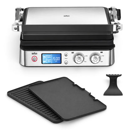 Taghareed Braun MultiGrill 9 CG9040 stainless steel and black 3-in-1 contact grill with digital display and removable non-stick plates.