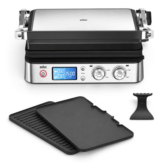 Taghareed Braun MultiGrill 9 CG9040 stainless steel and black 3-in-1 contact grill with digital display and removable non-stick plates.