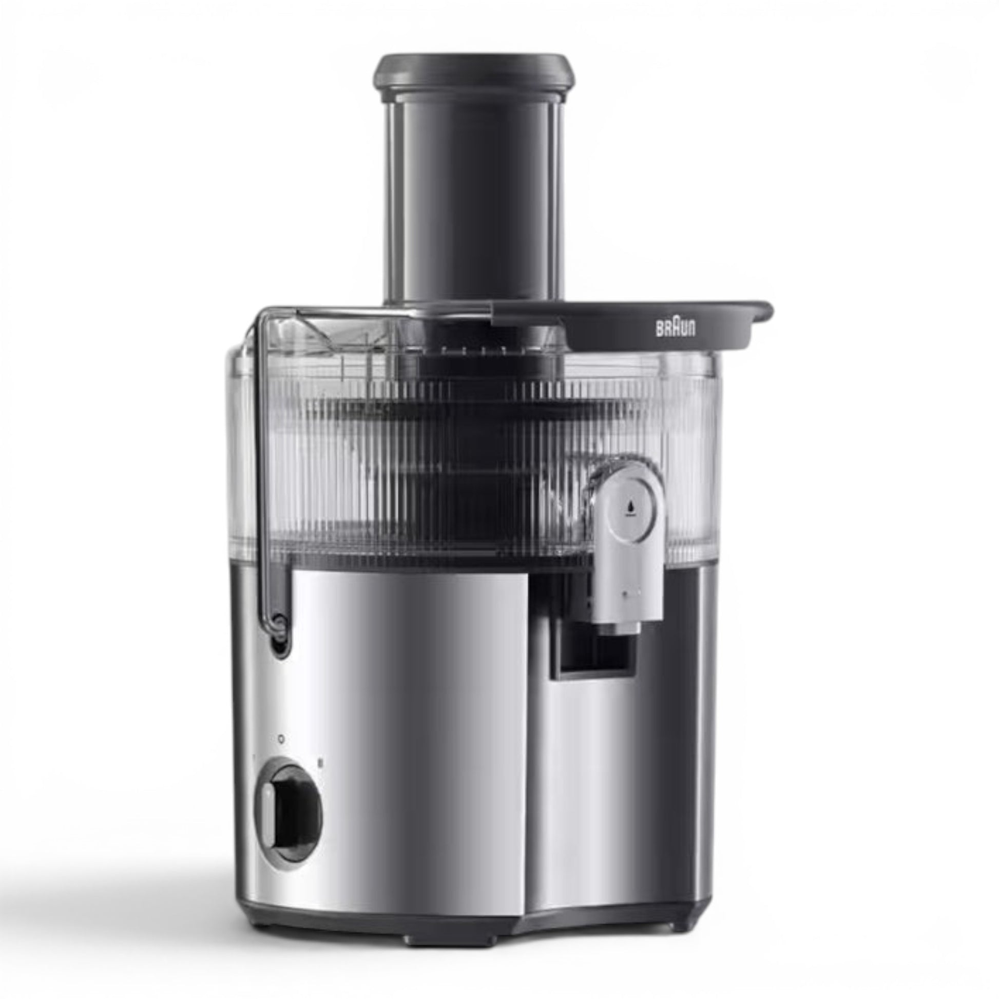 Taghareed Braun MultiJuice 7 Spin Juicer SJ7000, 1000W, stainless steel and black, with wide chute and anti-drip spout.
