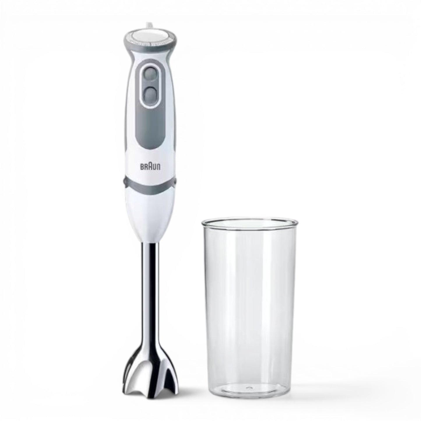 Taghareed Braun MultiQuick 5 hand blender in white and grey with 21 speeds and stainless steel blade, includes a 600ml plastic beaker.