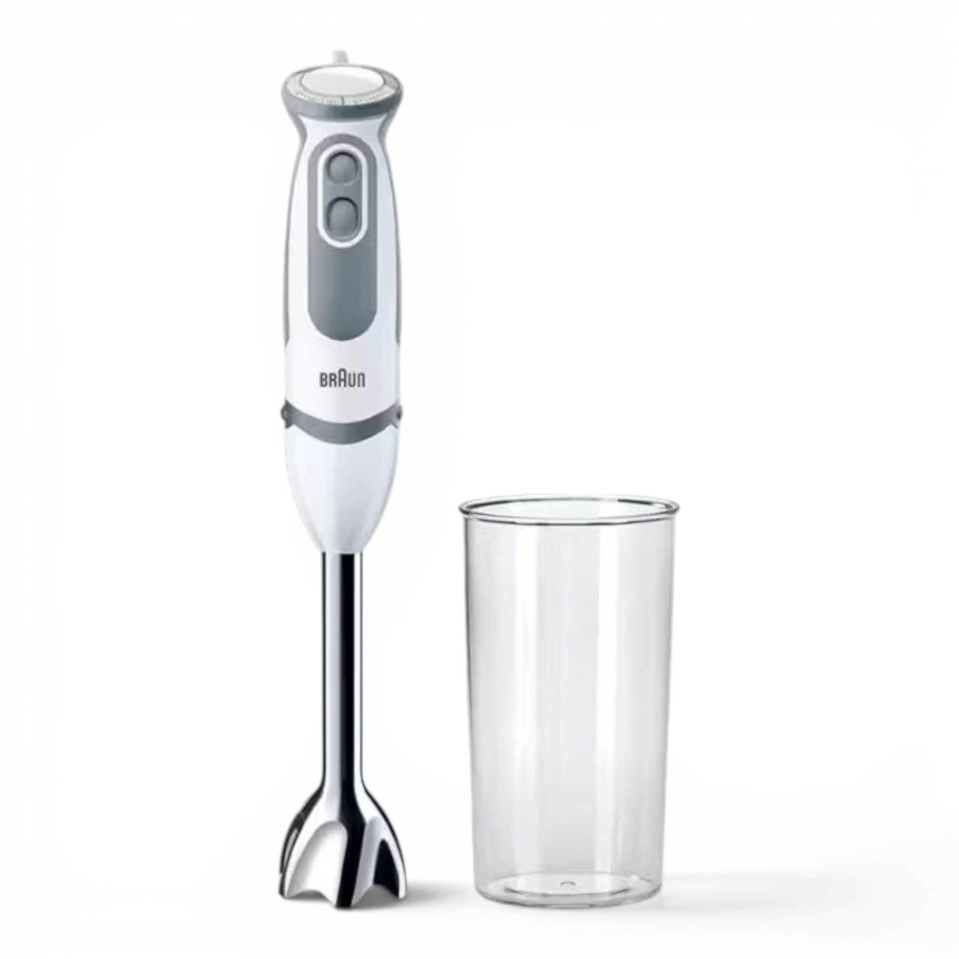 Taghareed Braun MultiQuick 5 hand blender in white and grey with 21 speeds and stainless steel blade, includes a 600ml plastic beaker.