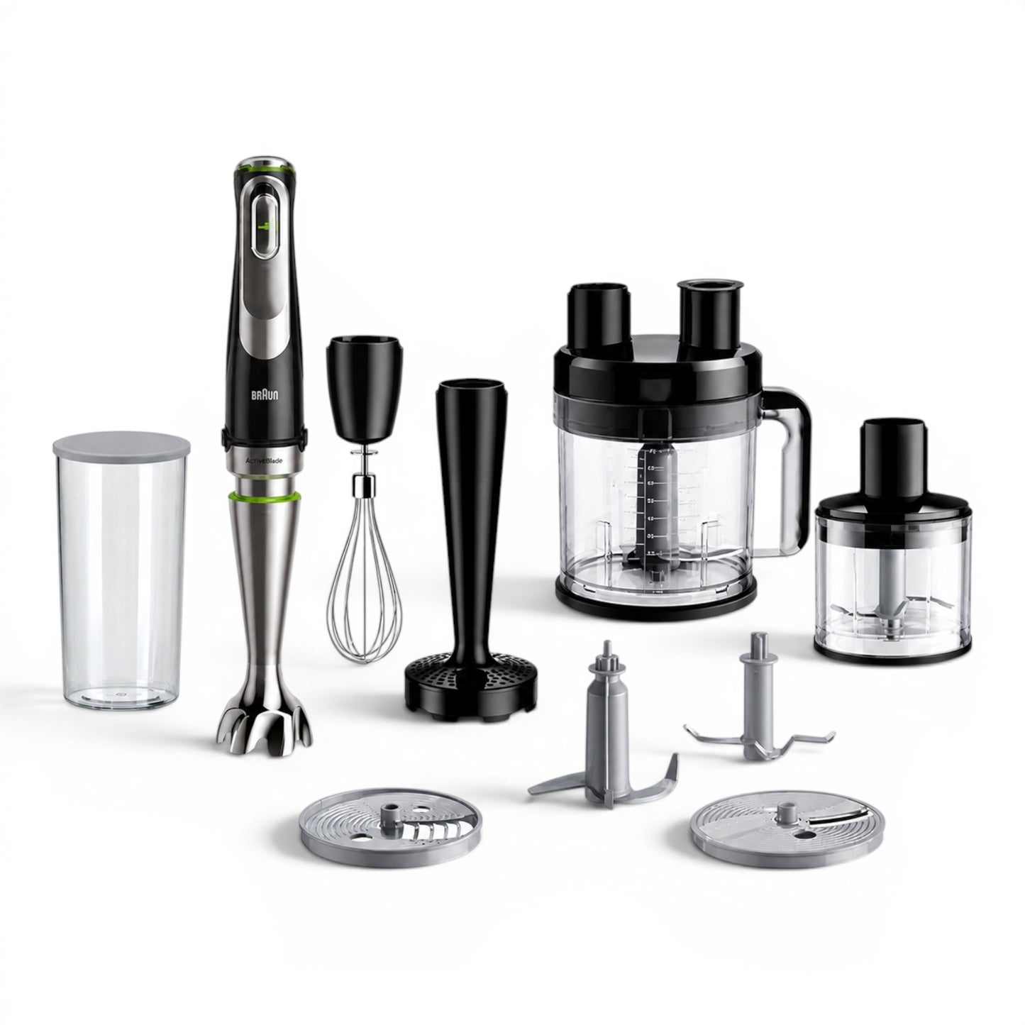 Braun MultiQuick 9 hand blender set with 10 accessories including food processor, whisk, and chopper. Stainless steel and black.